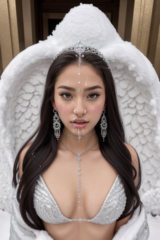  , Snow_Angel, Frozen, ((best quality)), ((masterpiece)), ((realistic)), ((18-year-old girl as a snow angel princess giving blowjob)),{{{blowjob}}} ,{{{cum}}} ,In the grandeur of a throne room, an 18-year-old girl embodies the enchantment of a snow angel princess. Adorned with elegant earrings, intricate jewelry, and a tribal tattoo, she exudes a sense of regality and grace. Her flowing hair, infused with a radiant glow, cascades around her, accentuated by an ethereal ice hair ornament and a necklace fashioned from glistening ice. ,facial, {penis}, {sucking dick}, {cock in mouth}