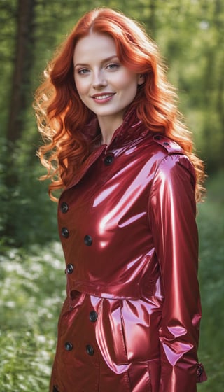 a fully visible beautiful scandinavian model, she is wearing a short glossy metallic red pvc trench coat, very long straight red hair, with luscious curly red hair stands in a sun-dappled clearing. With an inviting smile, she gazes directly at you, her lips slightly parted in anticipation. As a gentle breeze tousles her ponytail, she exudes an effortless allure, the vibrant colors of nature serving as the perfect backdrop to her radiance.ty. 

