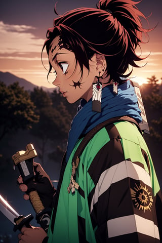 solo, long hair, black hair, long sleeves, 1boy, holding, jewelry, closed mouth, upper body, ponytail, weapon, male focus, earrings, japanese clothes, sword, wide sleeves, holding weapon, from side, profile, facial mark, smoke, sun, over shoulder, egasumi, sunburst, sunburst background,holding a sword