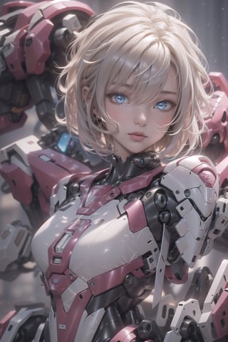 1girl, solo, breasts, looking at viewer, short hair, bangs, blue eyes, blonde hair, hair between eyes, medium breasts, closed mouth, upper body, medium hair, lips, grey eyes, bodysuit,Mecha body,High detailed ,mecha,finger frame