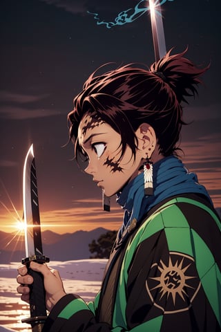 solo, long hair, black hair, long sleeves, 1boy, holding, jewelry, closed mouth, upper body, ponytail, weapon, male focus, earrings, japanese clothes, sword, wide sleeves, holding weapon, from side, profile, facial mark, smoke, sun, over shoulder, egasumi, sunburst, sunburst background,holding a sword