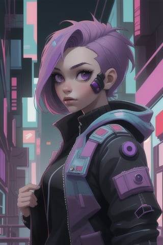 cyberpunk, netrunner, short red hair with purple tips