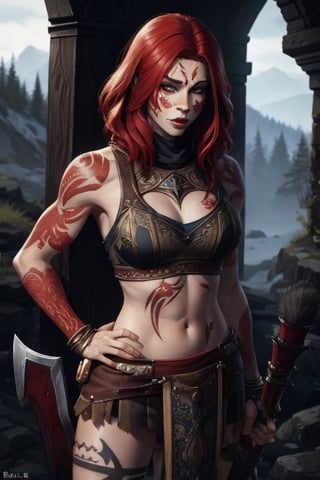 sole_female,greataxe,barbarian,redhair,facepaint,tattooed,skyrim,realistic