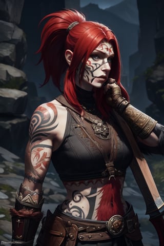 sole_female,greataxe,barbarian,redhair,facepaint,tattooed,skyrim,realistic