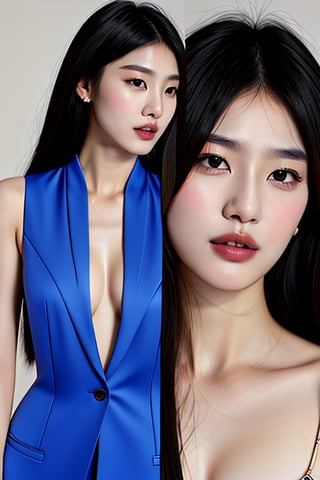 Photorealistic, analog, realism. half body photo of a beautiful Korean French beauty fashion model acress wearing formal blue clothes 