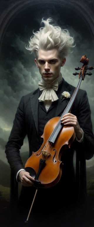 masterpiece, ultra realistic, extremely detailed, a Maestro presenting his violin, ghostly, sorrowful, fiddle, ethereal, dark lighting, monster manual art, dark cloudy background, creepy and dramatic atmosphere, detailed 8k horror artwork,

darkart