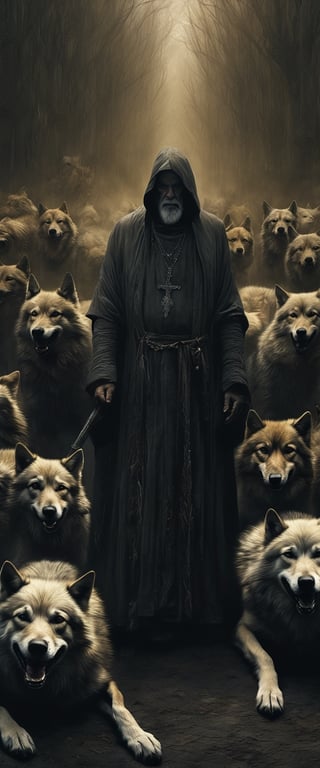 Ultra wide photorealistic medieval gothic image, an old monk facing the camera, master of wild bloodthirsty wolves trying to bite,  the beastmaster, gothic background, brown and black, detailed 8k horror artwork,