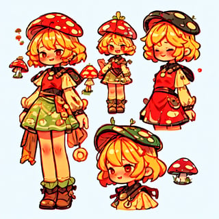 A girl, cute, clumsy, happy, mushroom cap, mushroom theme skirt, blond hair, red cap

(multiple views, full body, upper body, reference sheet:1)

CharacterSheet