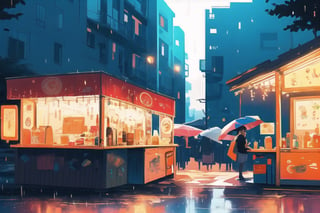 Visualize a street food stall on a rainy day using digital illustration techniques reminiscent of modern urban sketches. Inspired by the style of Pascal Campion, the scene captures the spontaneity of people dining outdoors. The color palette is muted yet evocative, and the expressions on faces reveal a sense of camaraderie. The lighting is natural, highlighting the beauty in everyday moments. 

300 DPI, HD, 8K, Best Perspective, Best Lighting, Best Composition, Good Posture, High Resolution, High Quality, 4K Render, Highly Denoised, Clear distinction between object and body parts, Masterpiece, Beautiful face, 
Beautiful body, smooth skin, glistening skin, highly detailed background, highly detailed clothes, 
highly detailed face, beautiful eyes, beautiful lips, cute, beautiful scenery, gorgeous, beautiful clothes, best lighting, cinematic , great colors, great lighting, masterpiece, Good body posture, proper posture, correct hands, 
correct fingers, right number of fingers, clear image, face expression should be good, clear face expression, correct face , correct face expression, better hand position, realistic hand position, realistic leg position, no leg deformed, 
perfect posture of legs, beautiful legs, perfectly shaped leg, leg position is perfect,

,midjourney,portrait,Anime 