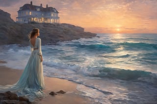 a mesmerizing woman resting in a house standing amidst a captivating sea, depicted in a style that intertwines the woman's elegance with the sea's breathtaking beauty.
Artist Inspiration: Romantic Realism
Description: The illustration captures a woman in a house by the sea, drawing from the essence of romantic realism. The woman's demeanor radiates both sophistication and reverence for the surroundings. Colors and details create an atmosphere of poetic connection, emphasizing the woman's contemplation within the serene and captivating sea landscape. --v 5 --stylize 1000, ,greg rutkowski,Sci-fi ,EpicSky, 