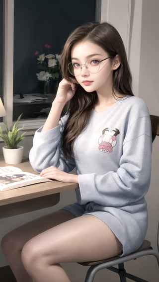 A women night time study, reading books, study table, night time, table lamb, wearing comfortable pajama, long hair, messy hair, reading glasses, studying seriously, beautiful face, sitting on the chair in front of study table, bare legs, exposed thigs, sideview perspective of women, nice body, little fat, ,pajama challenge, good lighting, night time, high_resolution,  