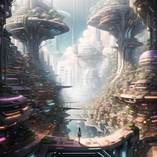 A digital illustration capturing the essence of a greenery floating city, inspired by the futuristic visions of Syd Mead. Imagine sleek, sustainable structures adorned with bioluminescent flora against a cosmic backdrop. The color temperature is cool, with neon accents illuminating the cityscape. Characters wear futuristic attire, showcasing a sense of wonder and exploration. Dynamic lighting adds depth to the scene, emphasizing the city's futuristic allure. 

300 DPI, HD, 8K, Best Perspective, Best Lighting, Best Composition, Good Posture, High Resolution, High Quality, 4K Render, Highly Denoised, Clear distinction between object and body parts, Masterpiece, Beautiful face, 
Beautiful body, smooth skin, glistening skin, highly detailed background, highly detailed clothes, 
highly detailed face, beautiful eyes, beautiful lips, cute, beautiful scenery, gorgeous, beautiful clothes, best lighting, cinematic , great colors, great lighting, masterpiece, Good body posture, proper posture, correct hands, 
correct fingers, right number of fingers, clear image, face expression should be good, clear face expression, correct face , correct face expression, better hand position, realistic hand position, realistic leg position, no leg deformed, 
perfect posture of legs, beautiful legs, perfectly shaped leg, leg position is perfect,
,StackedCityAI,futuristic