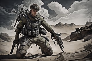 Female soldier,solo male kira yamato,post-apocalypic_fashion, Visualize a military sniper in the desert, showcasing his badass demeanor as he lays low, rifle poised for action. The arid landscape and swirling dust create an atmosphere of tension. Cloaked in desert military attire, the scene is masterfully illustrated in gritty, realistic detail. A palette of warm, earthy colors highlights the harsh desert environment, and the sniper's steely resolve is evident in his facial expression. (Art Form: Illustration, gun and hand position should be right, 300 DPI, HD, 8K, Best Perspective, Best Lighting, Best Composition, Good Posture, High Resolution, High Quality, 4K Render, Highly Denoised, Clear distinction between object and body parts, Masterpiece, Beautiful face, 
Beautiful body, smooth skin, glistening skin, highly detailed background, highly detailed clothes, 
highly detailed face, 

,Des3rt4rmor