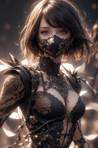 (masterpiece, best quality, photorealistic,  beautiful and aesthetic:1.3), (1girl:1.2) , [skeleton], [mechanical], (dynamic pose:1.2), short hair, bangs, black roses, thorns, wires, Caples, mask, ( zentangle:1.2), dangerous, serious, awe inspiring, , (abstract background:1.1), kinetic art, elegance, delicacy , ,1 girl