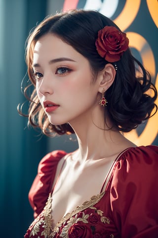 A detailed bright 32k upper body abstract photograph of a beautiful woman in red dress, painted with curly red rose particles, blue sky color palette, James Jean, insane details, very detailed, epic, dramatic, photorealistic, photography, hyperornate details, bokeh, particuls, ultra detail, unreal