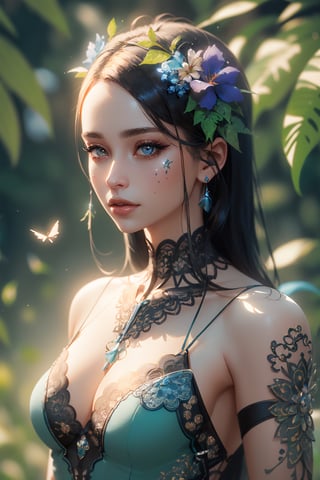 fashion photography portrait of blue human avatar, in blue lush jungle with flowers and birds, 3d render, cgi, symetrical, octane render, 35mm, bokeh, (intricate details:1.12), hdr, (intricate details, hyperdetailed:1.15), (natural skin texture, hyperrealism, soft light, sharp:1.2),1 girl
