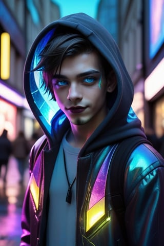 cyberpunk hooded brunette emo boy big blue eyes smiling black lips standing epic middle of busy bustling London street, hd wallpaper, captivating neon light hues, symmetry, heistcore, Broken Glass effect, no background, stunning, something that even doesn't exist, mythical being, energy, molecular, textures, iridescent and luminescent scales, breathtaking beauty, pure perfection, divine presence, unforgettable, impressive, breathtaking beauty, Volumetric light, auras, rays, vivid colors reflects 