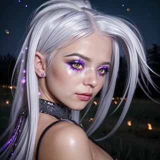 a beautiful girl with white hair,rhinestones in her hair,glitter in her hair,a beautiful face. against the background of the night landscape. hyperdetalization hyperdetalization,DonMRun3Bl4d3,firefliesfireflies,DonMD0n7P4n1c