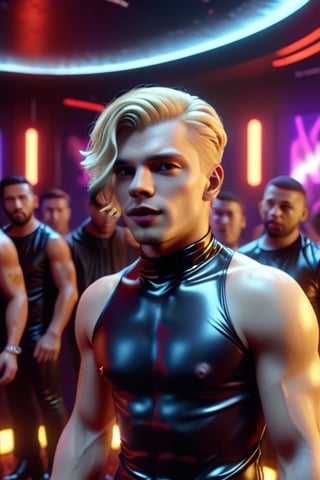 A WONDERFUL BLONDE MAN STANDS IN THE CENTER OF A NIGHTCLUB HALL. IN THE BACK, SEVERAL MEN DANCING IN LATEX. LOTS OF DETAILS, CLOSE UP, HYPER DETAILED, 8K