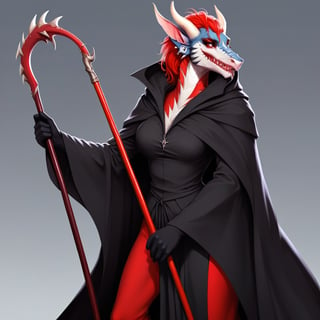 ANTHROPOMORPHIC dragon, red, beautiful face, wearing a long black cloak, holding a long cane. hyper-detail, stylization,shark