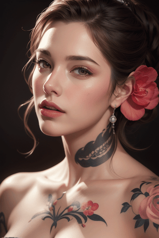 Portrait of beautiful women very realistic, oil painting, airbrush, pinup, with tattooed flowers, ArtStation by greyg mulins