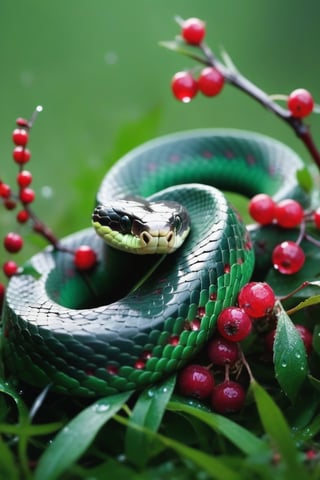 a beautiful snake, green in color, lies in the wet grass among red berries and cobwebs on which dew drops sparkle.yu
