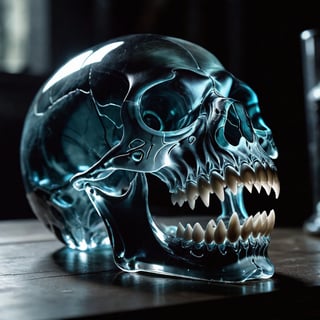 Dark and gloomy, smooth glass skull of a monster cat, transparent, skull bioluminescence, lying on a workshop table, close-up, toothy mouth, emphasis on sharp teeth, subtle glow, moody lighting, detailed reflections, shadowy surroundings