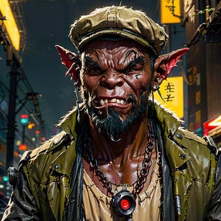 a red faced ork, in the shadowrun universe, wearing a french tweed Gavroche Cap, a beige tee shirt and a black jean. Looking like a japanese Oni, no decoration, no jewels, just a long armored jacket