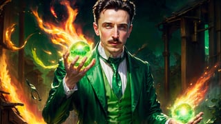a young nicolas tesla, wearing green mediaval clothes, blasting rays of fire from his extended hands on four poor goblins burnt to crisp