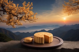 A Chinese man holding a large mooncake, osmanthus tree, distant mountains, sunset,
