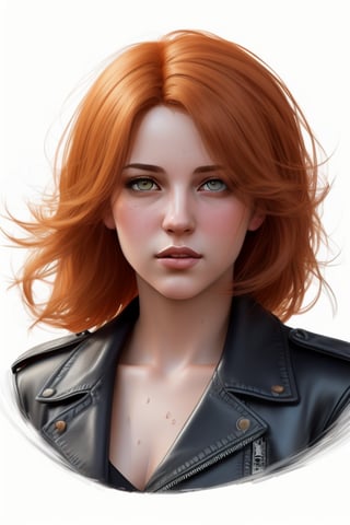 photorealism, half body portrait of a young woman, 20 years old. beautiful realistic eyes; fantastic face, Caucasian, beautiful look, leather jacket, orange hair, orange eyes, Michael Garmash, Daniel F Gerhartz, Storybook style, warm dreamy lighting, white background, volumetric lighting, pulp adventure style, fluid acrylic, dynamic gradients, vivid colour, illustration, highly detailed vector curves, simple, smooth and clean, vector art, smooth, Johan Grenier, character design, 3d shading, cinematic, ornate patterns, elegant organic framing, hyperrealism, posterized, collection of masterpieces, lush vivid colours, twilight, wet gouache