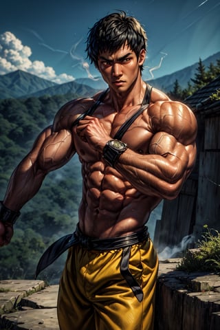 Masterpiece, UHD, 4k, realistic, the legendary Bruce Lee, a prominent martial artist, epic picture, muscular lean body, fighting pose, standing, half body, intense serious face, looking at viewer, wearing yellow pants, neat short_hair,perfecteyes, smoky mountains in the background, perfect face
