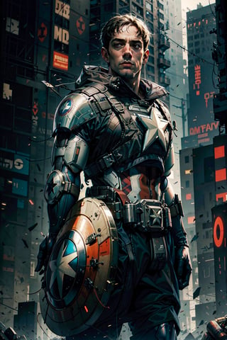Captain America, cyberpunk, armour suit, holding shield