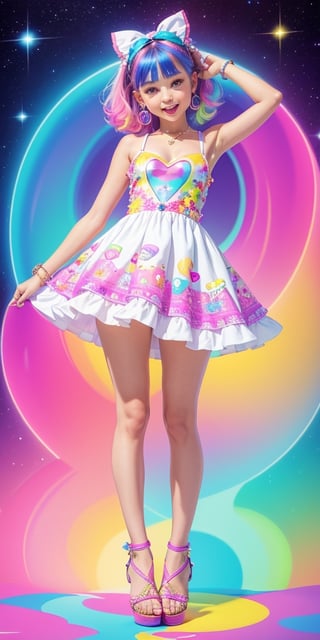 a woman in a dress and sandals standing on a white surface, cute rave outfit, fantasy dress, lisa frank style, cute sundress, plethora of colors ; mini dress, in style of lisa frank, inspired by Lisa Frank, different full body view, fun rave outfit, cute colorful adorable, distant full body view, cute dress, cute, graphic print
