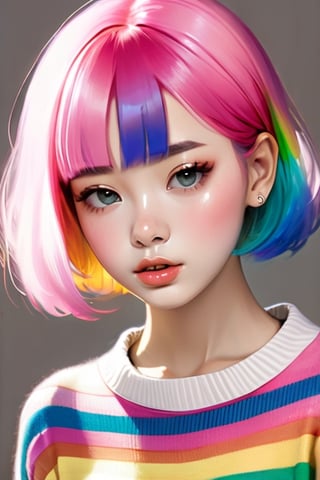 a woman with pink hair and a rainbow striped sweater,  pastel vibrant