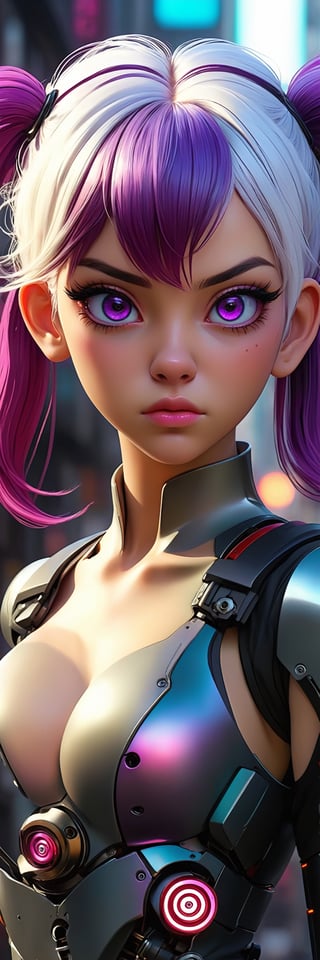 masterpiece, best quality, illustration, 
beautiful detailed eyes, colorful background, 
mechanical prosthesis, mecha coverage, 
emerging dark purple across with white hair, 
pig tails, disheveled hair, fluorescent purple, 
cool movement, rose red eyes, 
beautiful detailed cyberpunk city, 
multicolored hair, beautiful detailed glow, 
1 girl, expressionless, cold expression, insanity, 
long bangs, long hair, lace, dynamic composition, 
motion, ultra - detailed, incredibly detailed, 
a lot of details, 
amazing fine details and brush strokes, smooth, 
hd semi-realistic anime cg concept art digital painting,
Mecha 