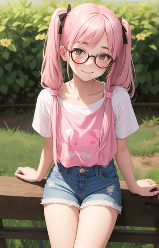 Cute innocent childlike pink-haired 14 years old girl wearing cute pink girly Top and Denim shorts blush on face, pigtails freckles glasses sitting on a farm fence