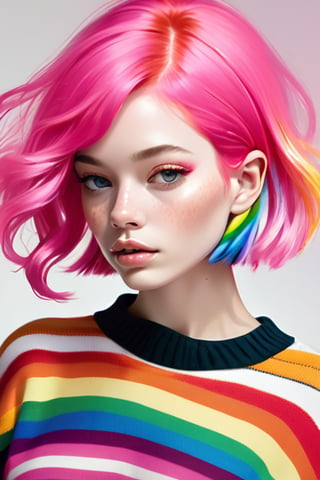 a woman with pink hair and a rainbow striped sweater,  colorful vibrant colors
