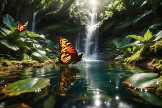 A breathtaking dragons-eye close up, perspective from a crystal-clear pool, surrounded by lush tropical jungle foliage. The camera, positioned mere inches above the surface, captures intricate textures on nearby plants and objects. A clear stream flows into a stunning waterfall, its droplets refracting light in dazzling display. In the clear pool below, a bird expertly catches a fish, while nearby, butterflies dance amidst tall trees and vibrant greenery. The sky above is reflected perfectly, creating an otherworldly atmosphere. Every detail, from the dragons tiny features to the glittering jewels at the waterfall's base shines in stunning, hyper real, super-high-resolution clarity. depth of field, HDR, 8k Super ultra HD, Panoramic photograph.,Digital painting ,DRG