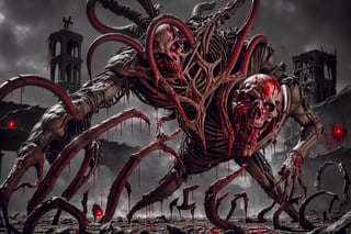 Ultra high resolution image of a skeletal warrior,  dry leathery skin hanging from its face in torn patches,  one eye still clearly visible in its socket,  wearing ornate rune encrusted black rusty damaged armour an axe in his hand,  kneeling on the ground. Dark gloomy old building in the background blood on the ground. All in the style of H. R. Giger Aliens.,
,CarnageStyle, (blood_red:1.5)