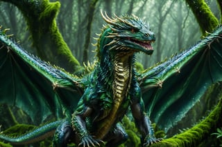 A cinematic shot of an enormous, terrifyingly majestic forest dragon emerges from the dark verdant green forrest behind it, its long serpentine body winding around mossy rocks as it approaches the viewer. Its mouth is open wide, revealing glittering green and black opal scales that refract light like dew drops on its super-hyper-real detailed skin. The dragon's branchlike wings blend seamlessly with the surrounding foliage, while tiny fairy perches on its back, gazing up at the behemoth with an air of nonchalance. The camera captures the scene in stunning HDR, showcasing the golden highlights on the dragon's scales as it moves through a misty forrest floor dotted with dew-kissed rocks huge leafy vegetation and moss-covered tree trunks all in hyper real detail.,DRG