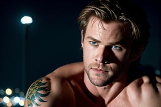 a close up photo of Chris Hemsworth in Night City, tattoos, cinematic light, film still,LaraWaifu