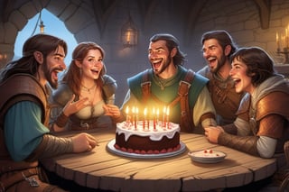 Typical group of medieval fantasy RPG adventurers, singing happy birthday behind a table with birthday cake. Illustration style from TSR's Dungeons & Dragons books. best quality, more detail XL, cinematic, realistic