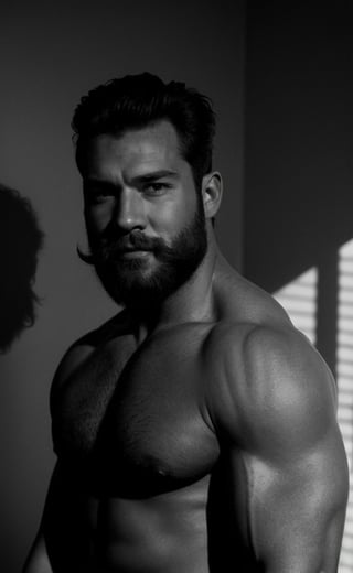 A black and white photograph capturing the raw beauty of a muscled strong man with a thick beard. The image highlights the contrast between light and dark, accentuating the contours of his chiseled body. The man's piercing gaze, combined with the shadows cast by his facial hair, creates an air of mystery and intrigue. The timeless quality of the photograph adds a touch of nostalgia, evoking a sense of strength that transcends time.