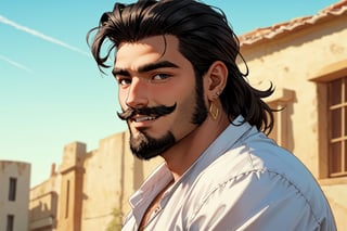 solo, looking at viewer, smile, shirt, black hair, 1boy, jewelry, male focus, earrings, sky, teeth, black eyes, facial hair, beard, realistic, mustache, real life insert