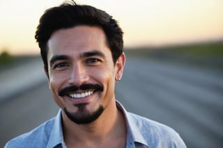 solo, looking at viewer, smile, shirt, black hair, 1man, male focus, small earring, sky, teeth, black eyes, facial hair, beard, realistic, mustache, real life,Portrait