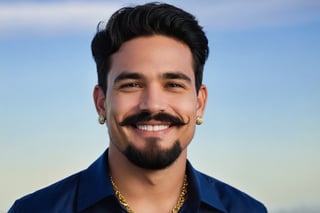 solo, looking at viewer, smile, shirt, black hair, 1boy, jewelry, male focus, earrings, sky, teeth, black eyes, facial hair, beard, realistic, mustache, real life,Portrait