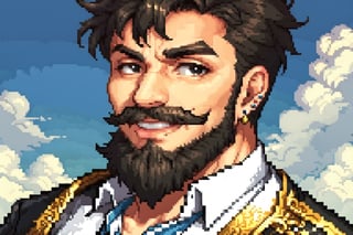 solo, looking at viewer, smile, shirt, black hair, 1man, male focus, small earring, sky, teeth, black eyes, facial hair, beard, realistic, mustache, real life,Portrait,Pixel art