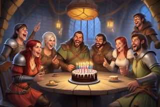 Typical group of medieval fantasy RPG adventurers, singing happy birthday behind a table with birthday cake. Illustration style from TSR's Dungeons & Dragons books. best quality, more detail XL, cinematic, realistic