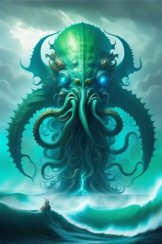 giant Cthulhu deity emerging from the depths of the ocean on the horizon, amid dense and hazy green fog, dense clouds and lightning around the monster.